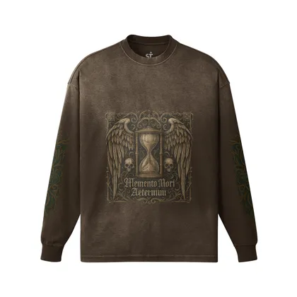 Aeterna Filigree graphic crewneck sweatshirt front view in washed brown with hourglass wing print