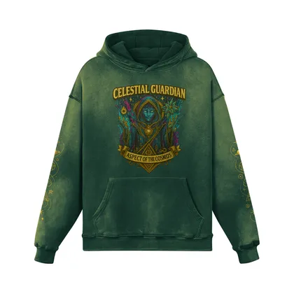Aether Rune oversized graphic hoodie front view in washed green with celestial guardian DTG print