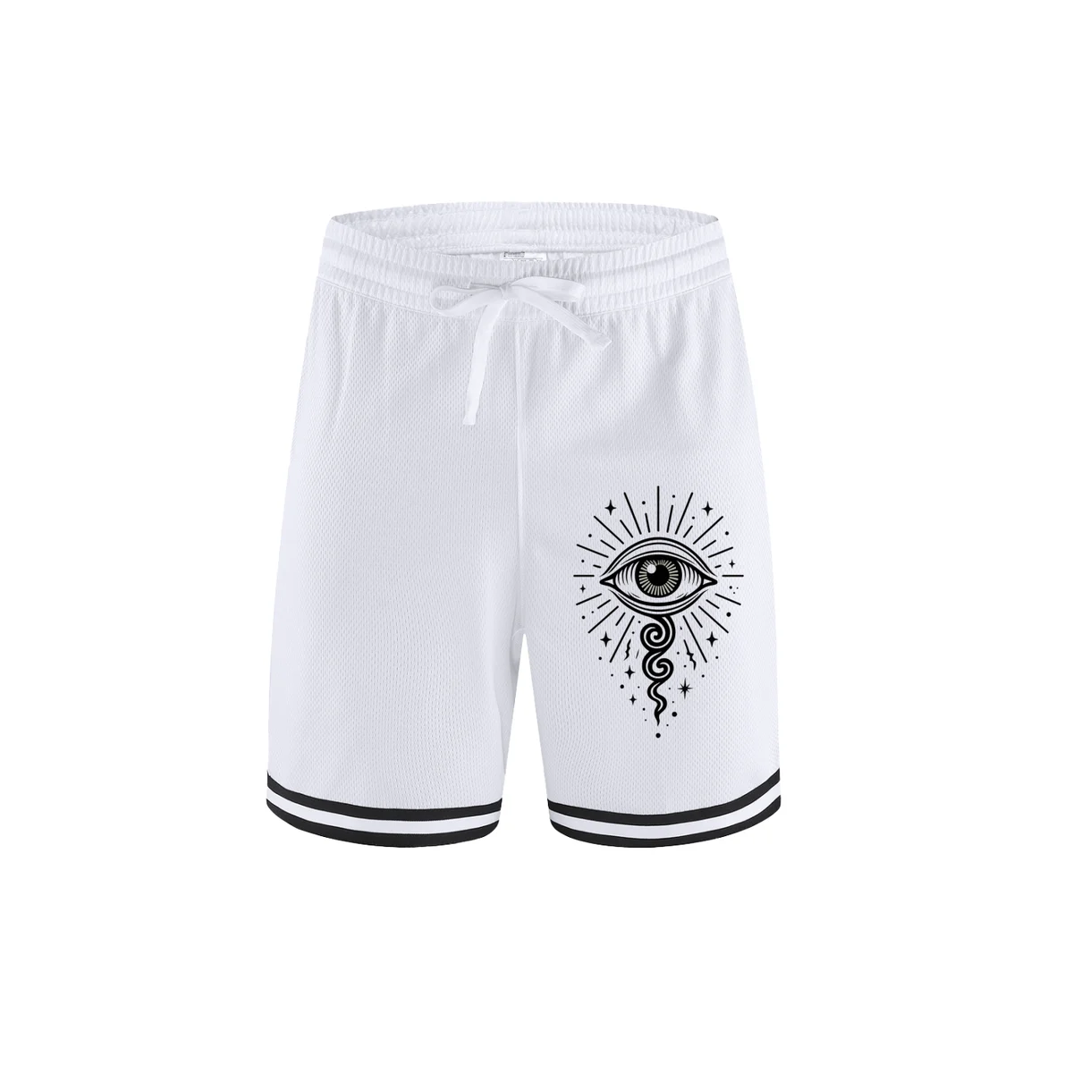 White sports shorts with radiant eye print and cosmic rays – All-Seeing Sprint