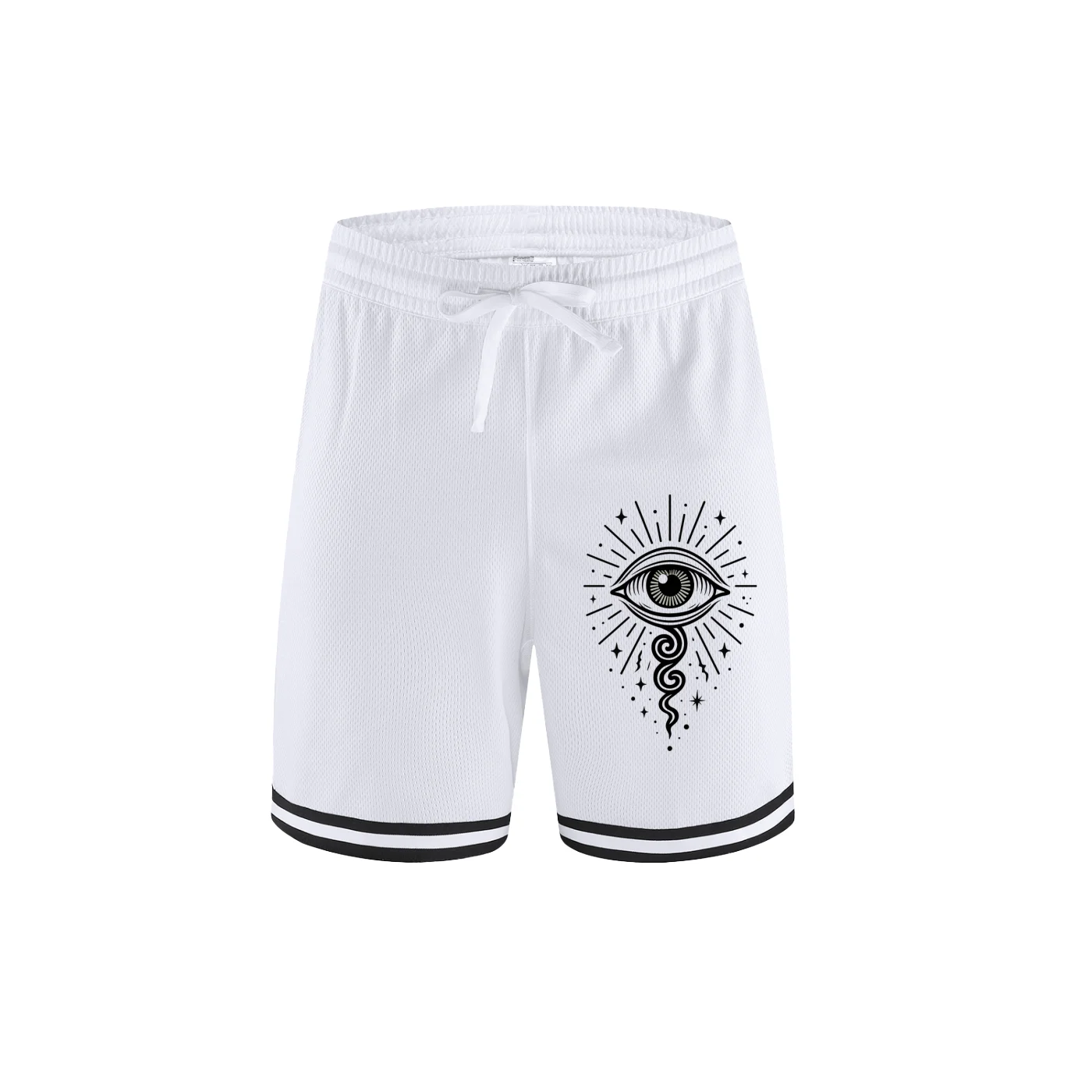 White sports shorts with radiant eye print and cosmic rays – All-Seeing Sprint