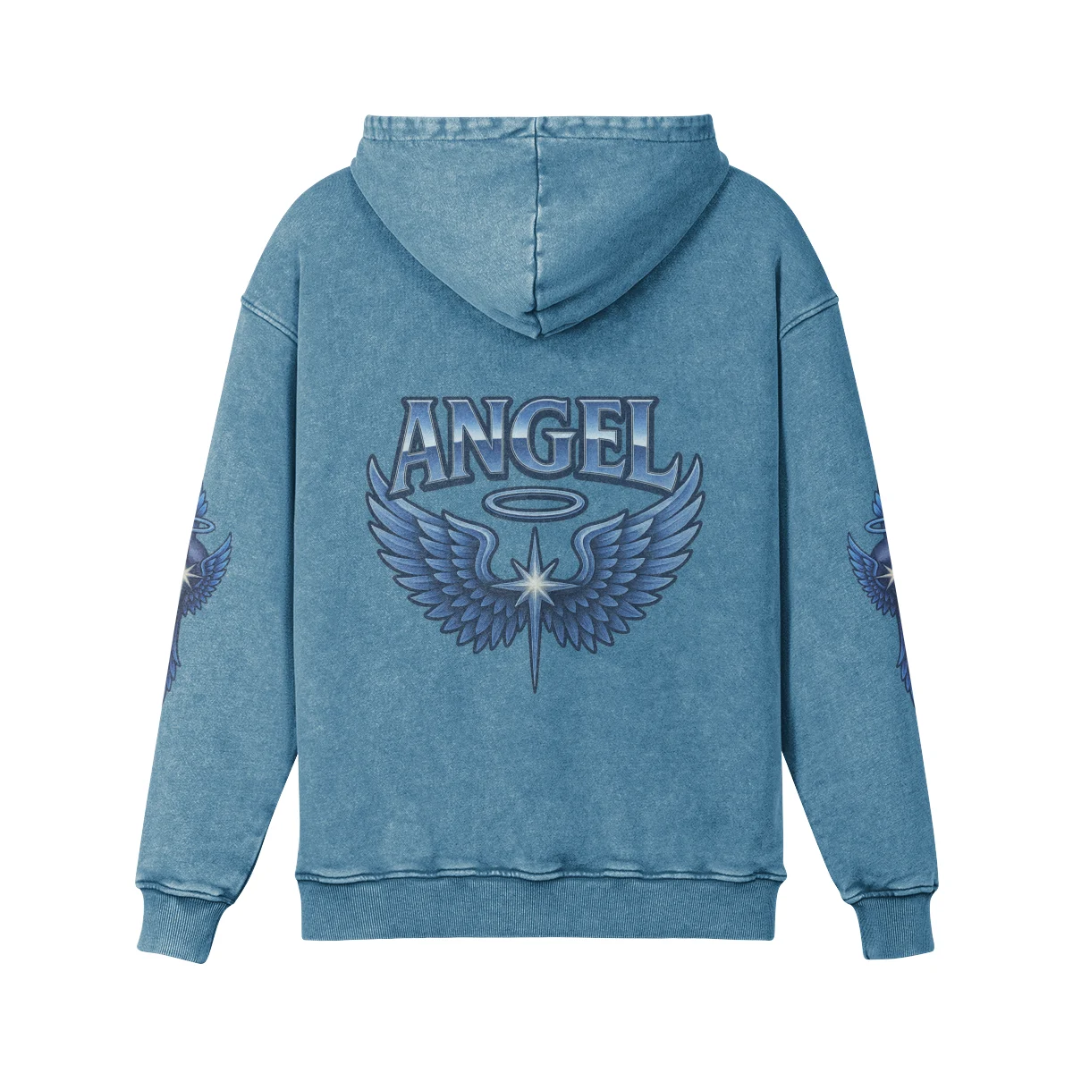 angel oversized graphic hoodie back view in washed blue with wing graphic