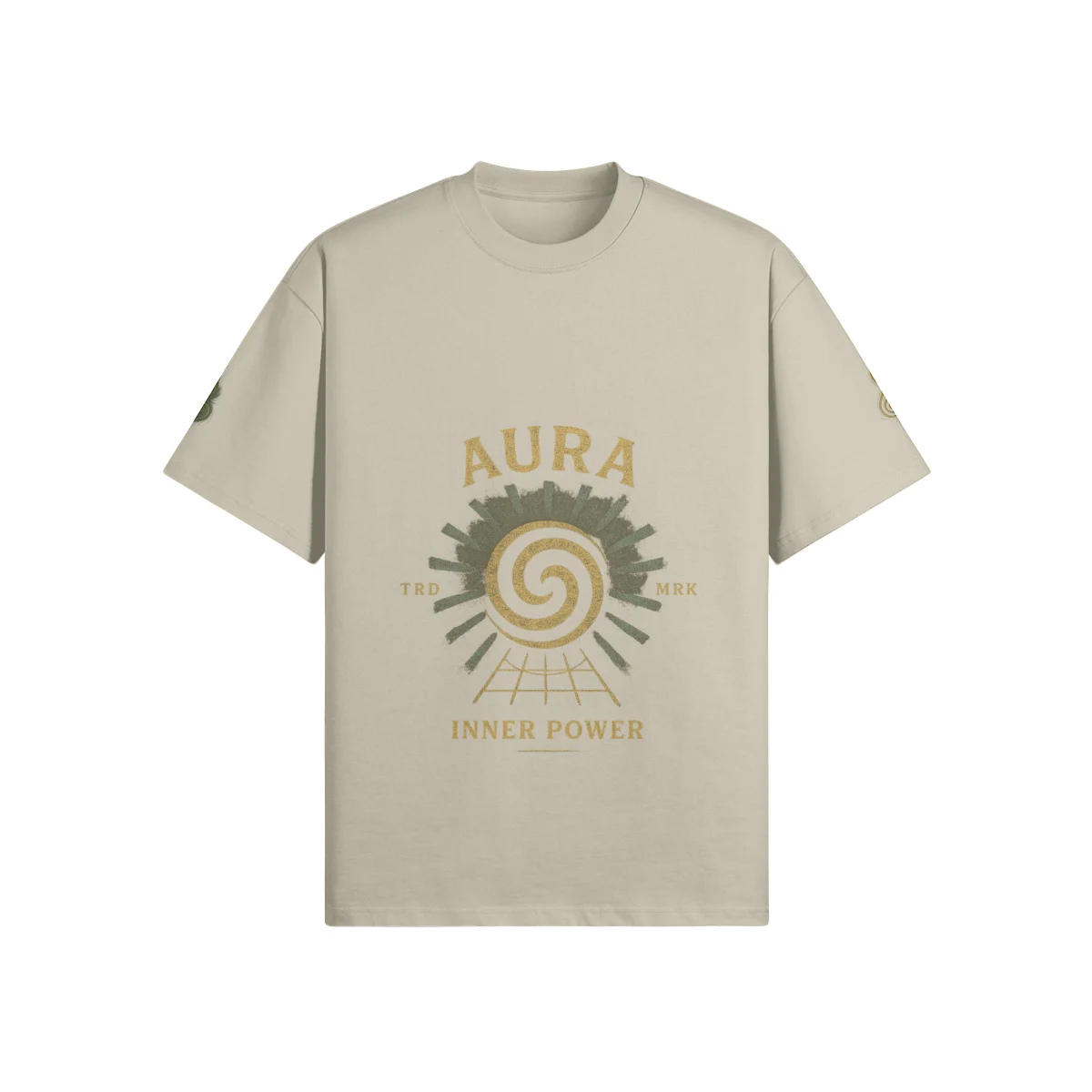 AURA oversized graphic tee front view in ash gray with spiral DTG print