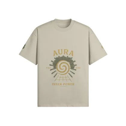 AURA oversized graphic tee front view in ash gray with spiral DTG print