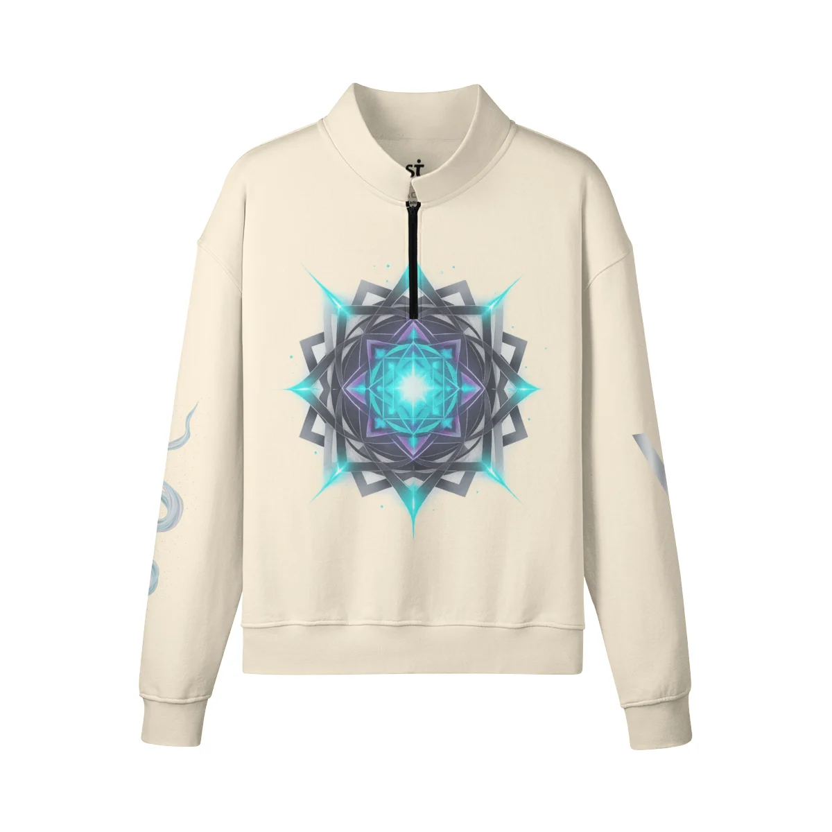 AURACORE graphic half-zip sweatshirt front view in cream with geometric print