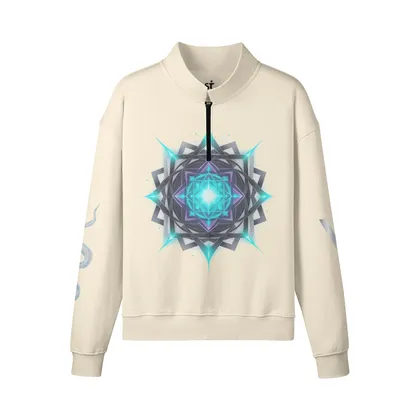 AURACORE graphic half-zip sweatshirt front view in cream with geometric print