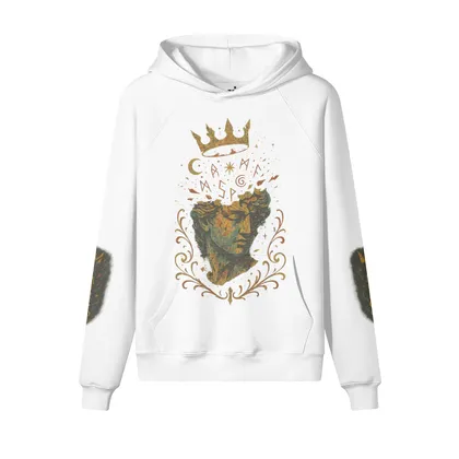 Crownfall oversized graphic hoodie front view in white with crown and statue DTG print