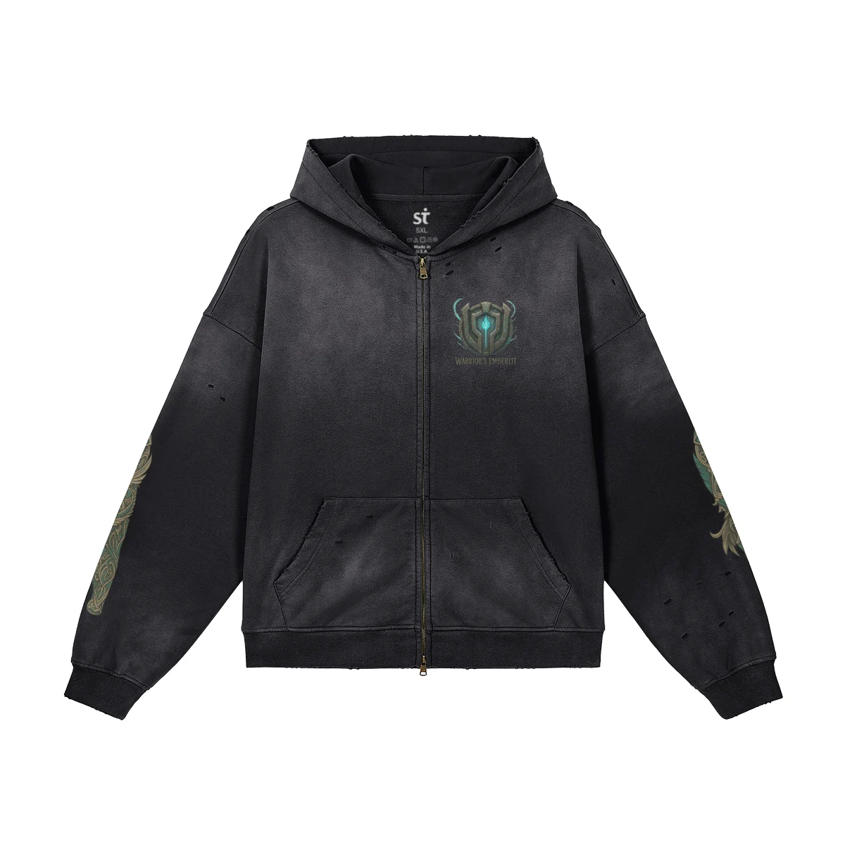Eternal Wing graphic zip up hoodie front view in washed black with chest print