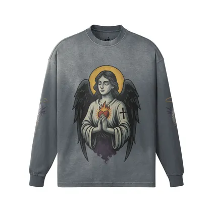FALLEN GRACE graphic crewneck sweatshirt front view in washed grey with angel print