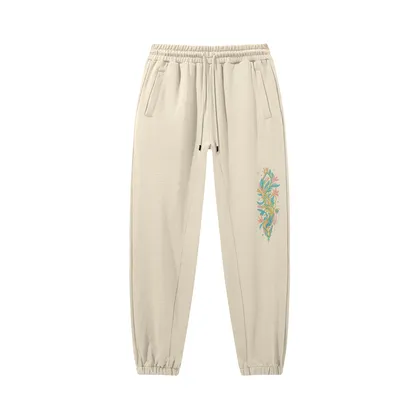 Flora embroidered sweatpants front view in moon mist with floral leg embroidery