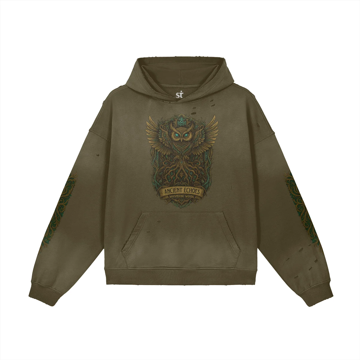 Forest Sentinel oversized graphic hoodie front view in washed green with owl DTG print