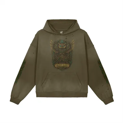 Forest Sentinel oversized graphic hoodie front view in washed green with owl DTG print