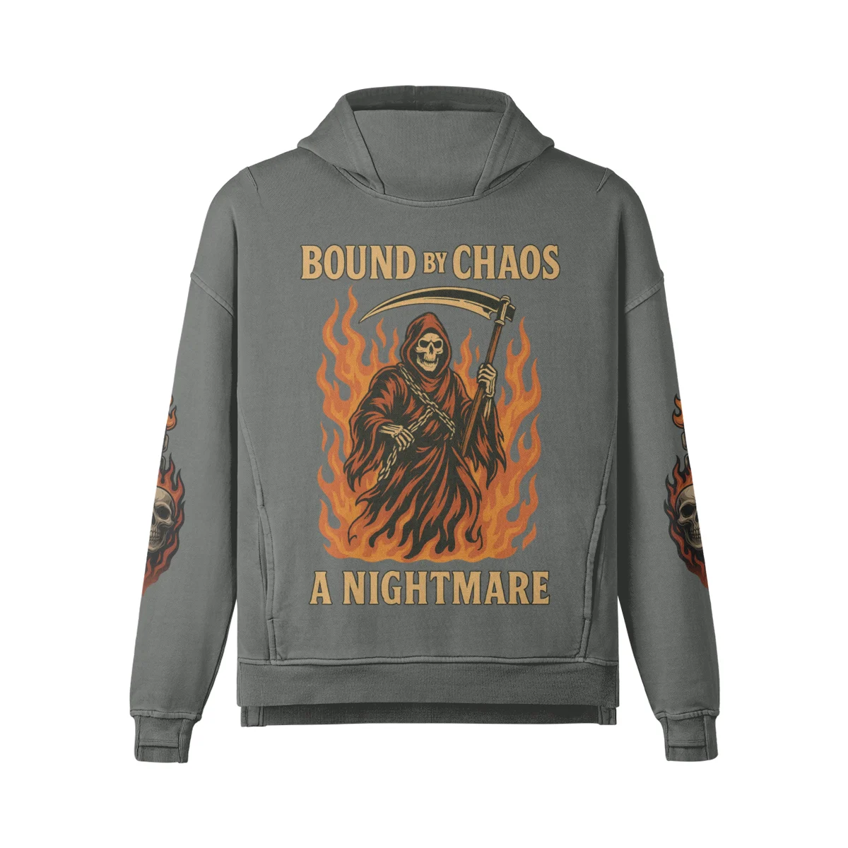 HELLCHAIN Oversized Graphic Hoodie – 100% Cotton Grey Washed Pullover