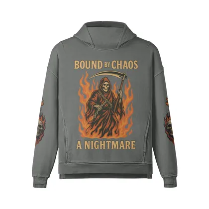 HELLCHAIN oversized graphic hoodie front view in washed grey with grim reaper DTG print