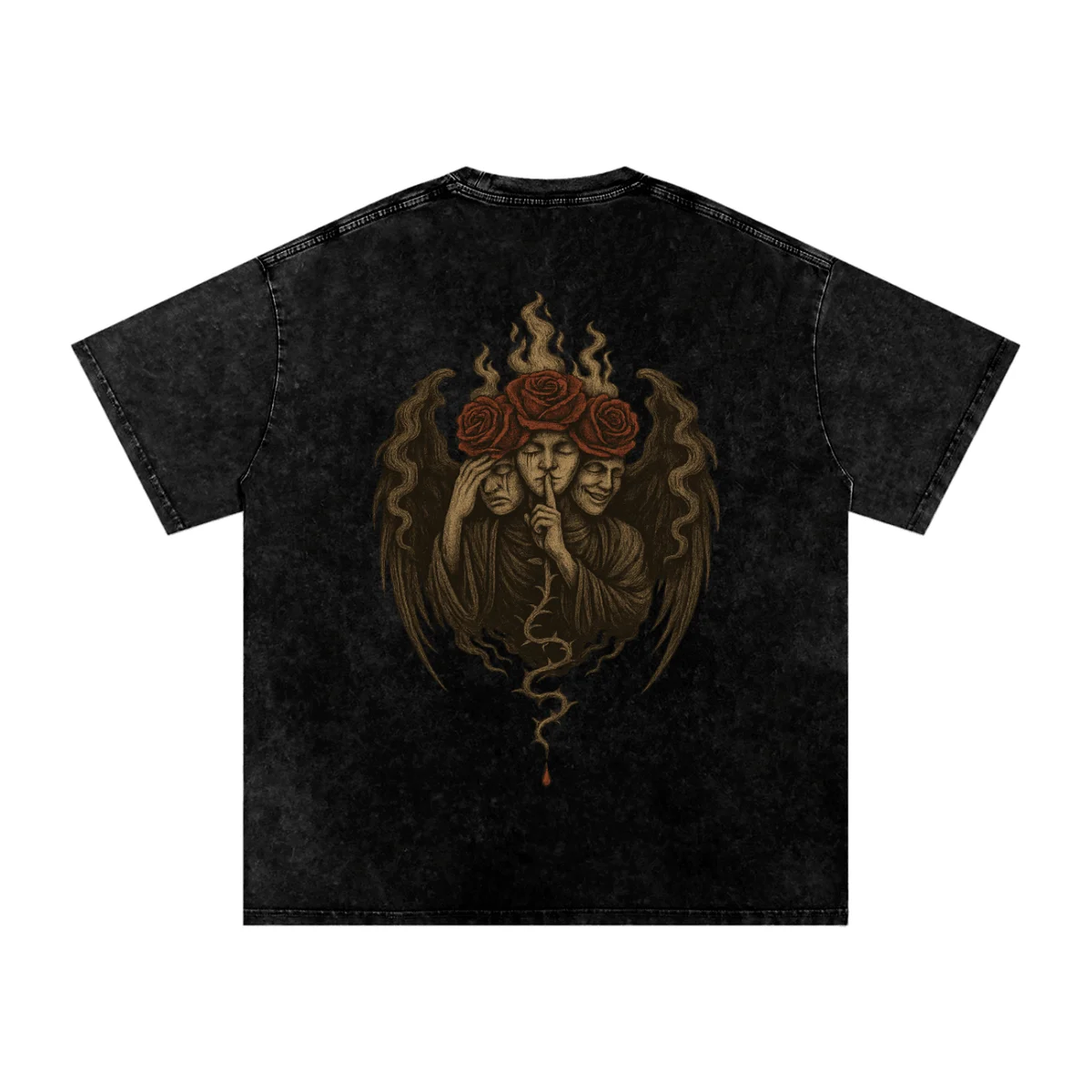 Back design of oversized graphic tee featuring three-faced gothic figure with roses and rising smoke black