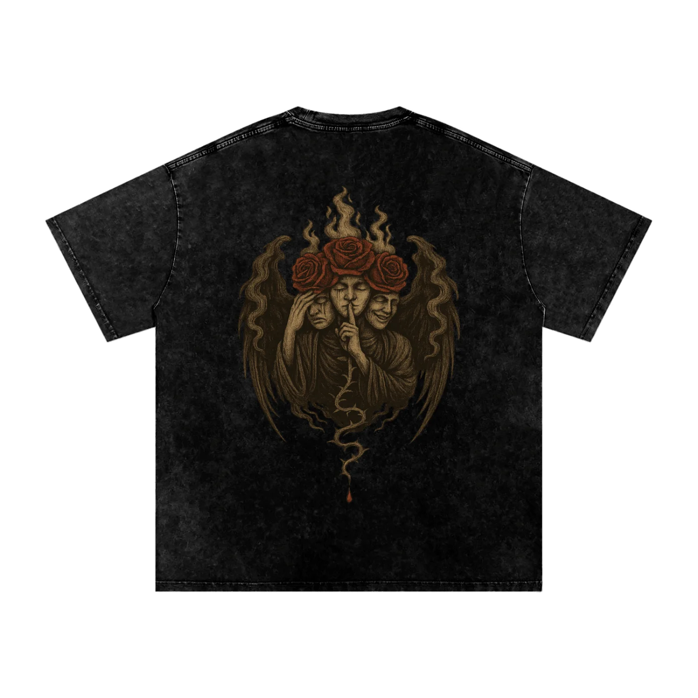 Back design of oversized graphic tee featuring three-faced gothic figure with roses and rising smoke black