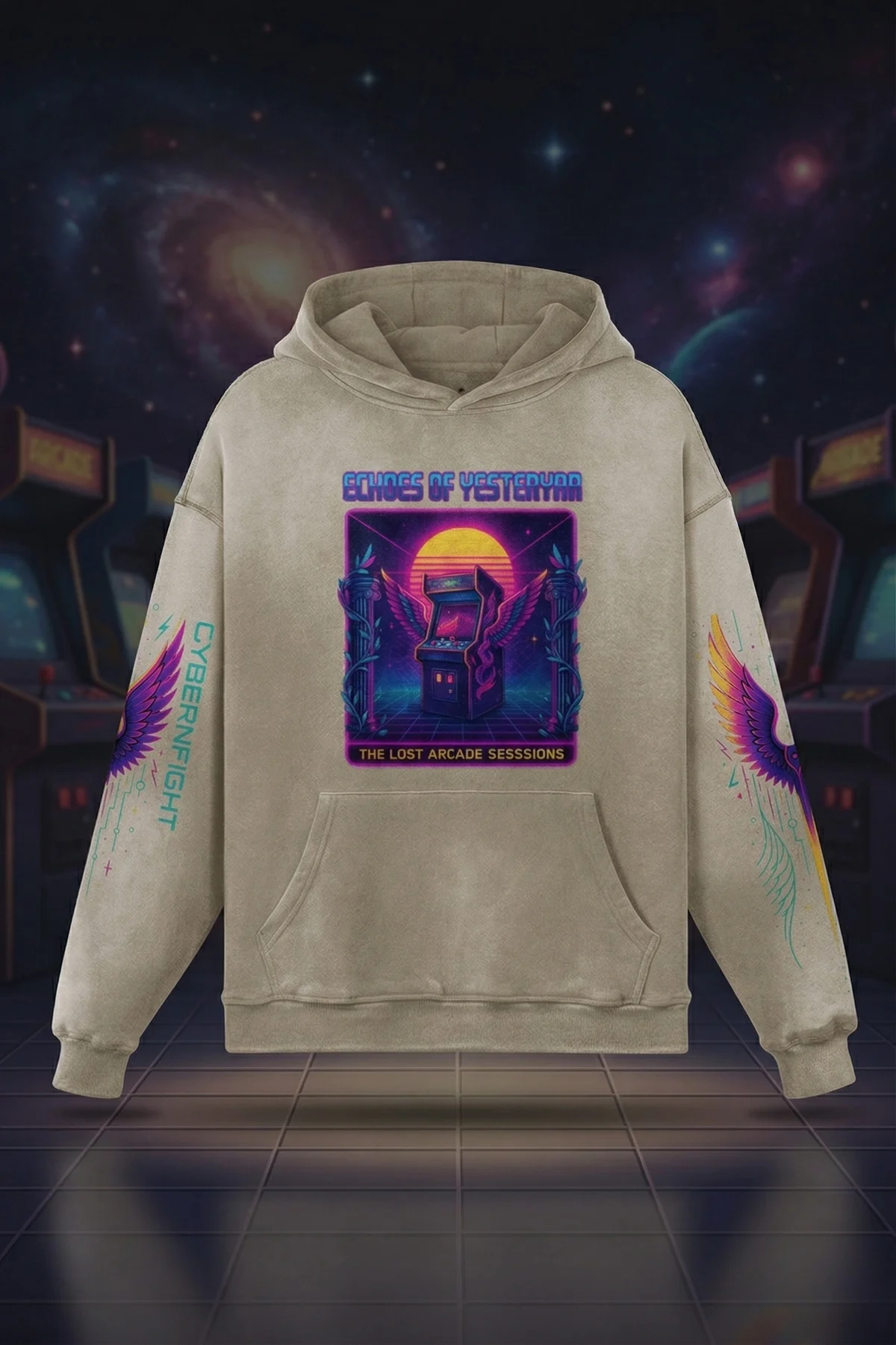 NeoSeraph Oversized Graphic Hoodie – Khaki 100% Cotton Washed Pullover - AIDAN REN product image