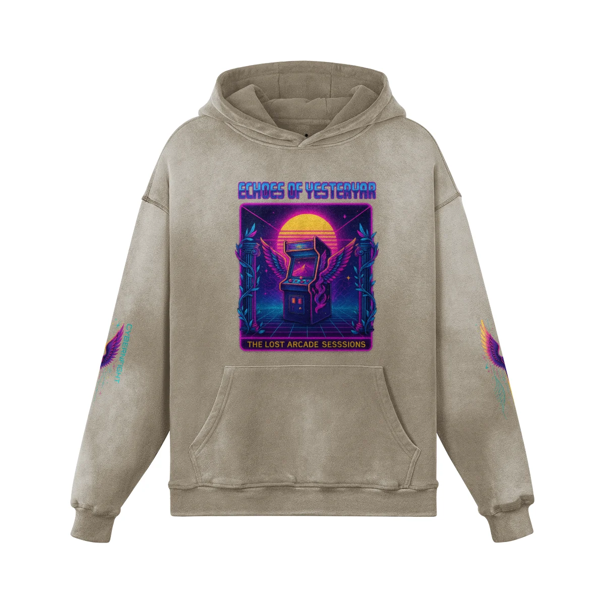 NeoSeraph Oversized Graphic Hoodie – Khaki 100% Cotton Washed Pullover