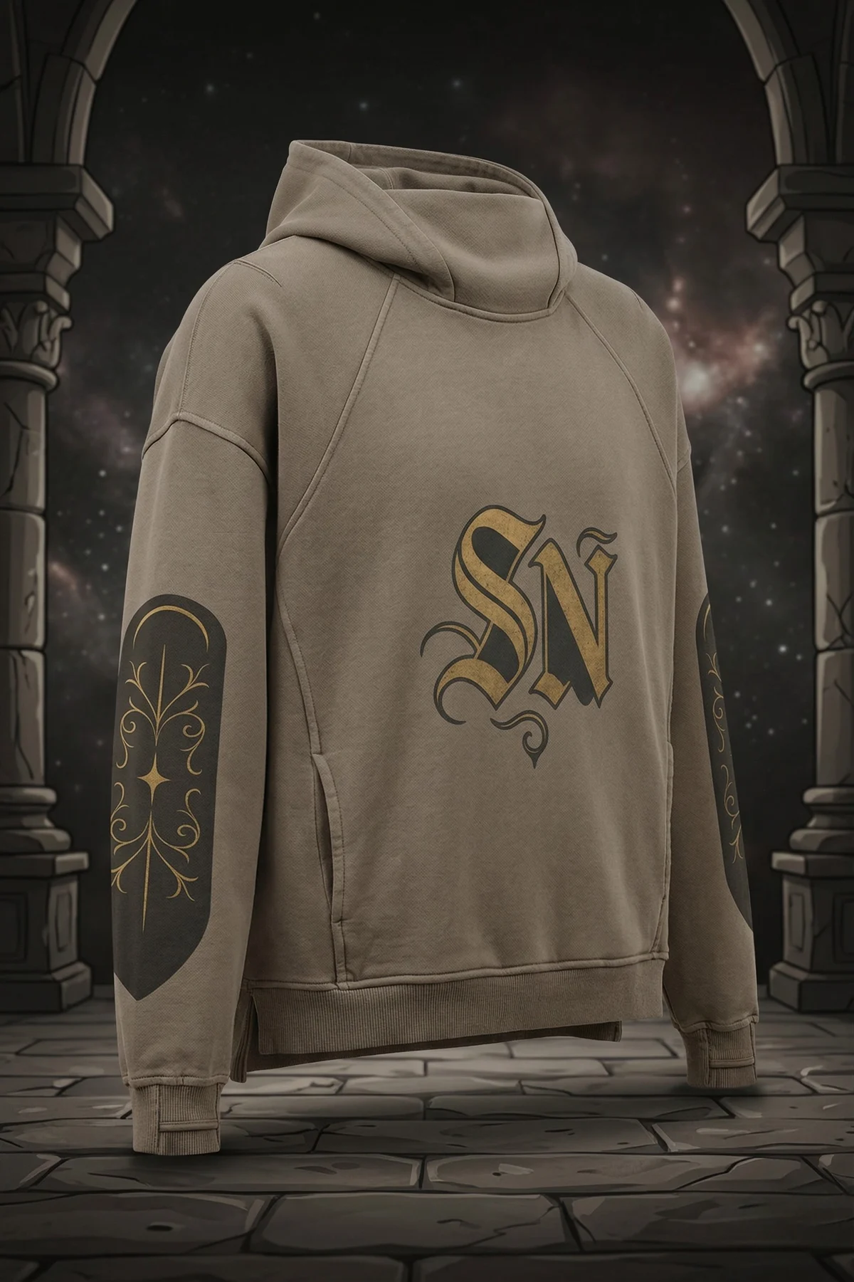 NOX Oversized Graphic Hoodie – 100% Cotton Khaki Turtleneck Pullover - AIDAN REN product image