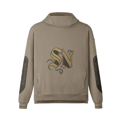 NOX oversized graphic hoodie front view in khaki with gothic monogram DTG print