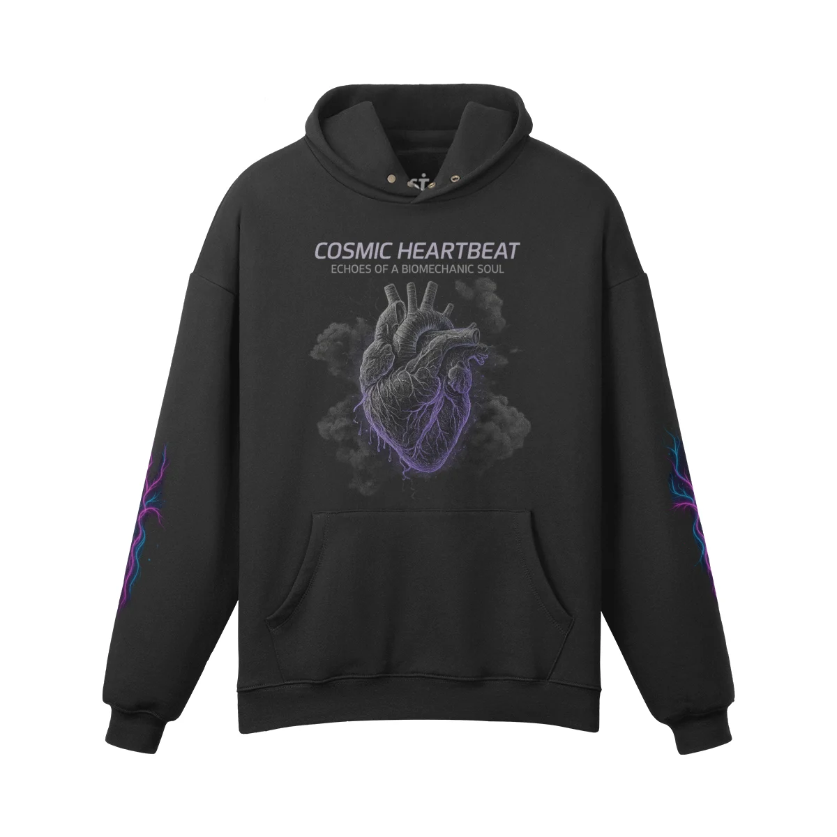 Pulsecore oversized graphic hoodie front view in black with anatomical heart DTG print