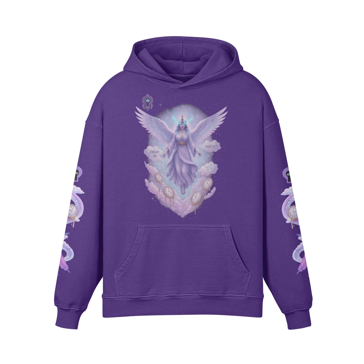 Purple Haze oversized graphic hoodie front view in purple with angel DTG print