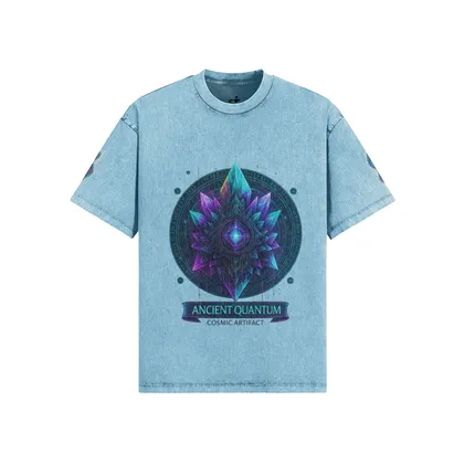 Quantum Veil oversized graphic tee front view in washed blue with cosmic crystal DTG print