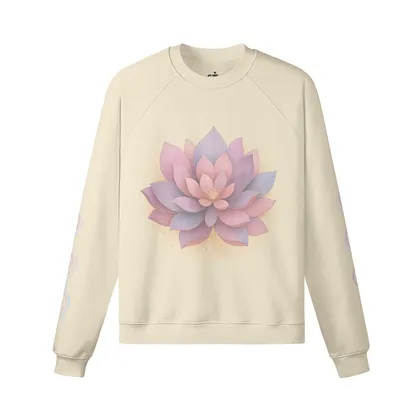 Quiet Bloom graphic crewneck sweatshirt front view in cream with lotus flower print