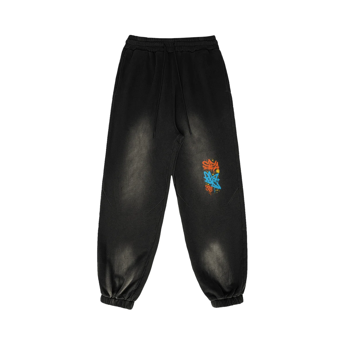 REIGN embroidered sweatpants front view in washed black with leg embroidery