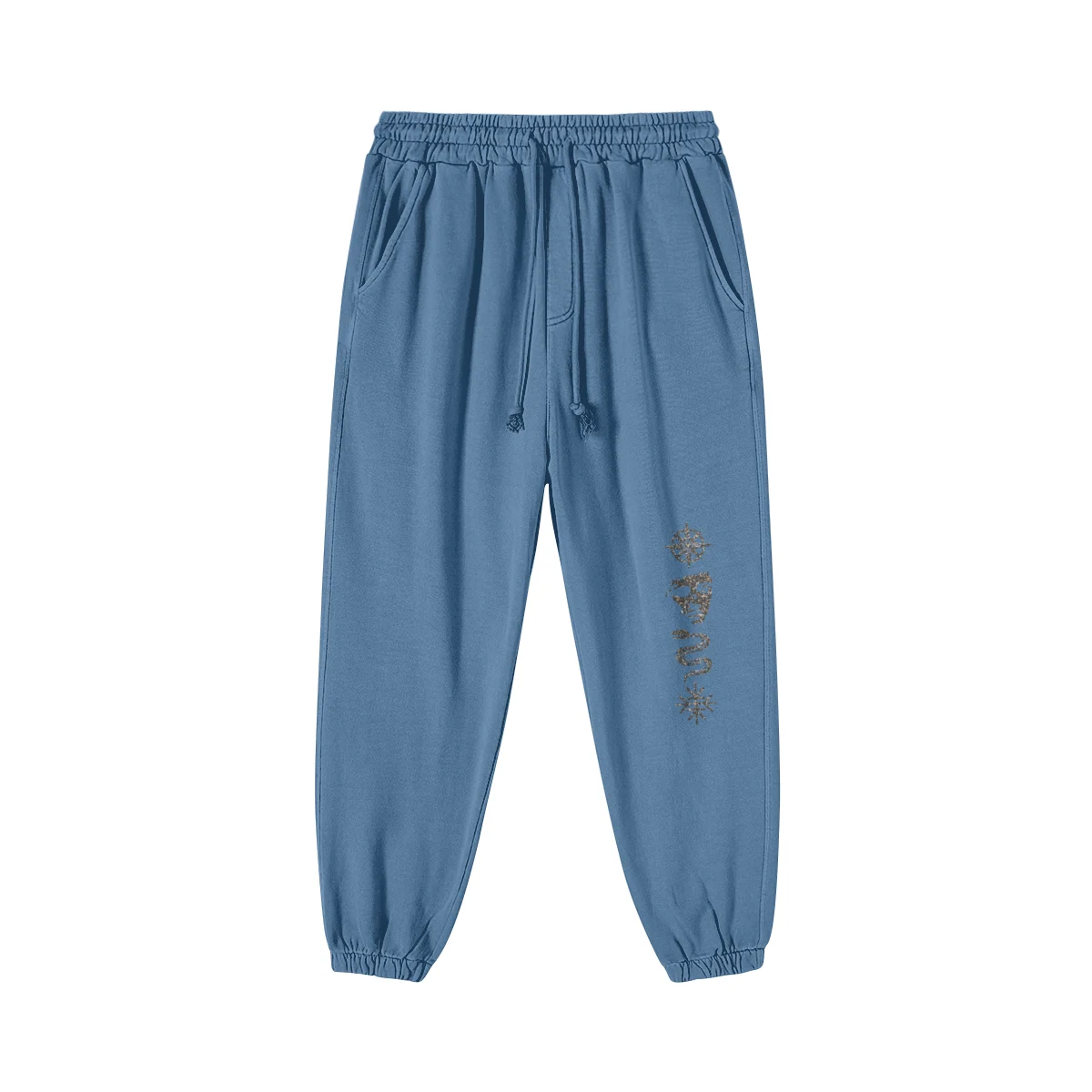 Relic embroidered sweatpants front view in washed blue with leg embroidery
