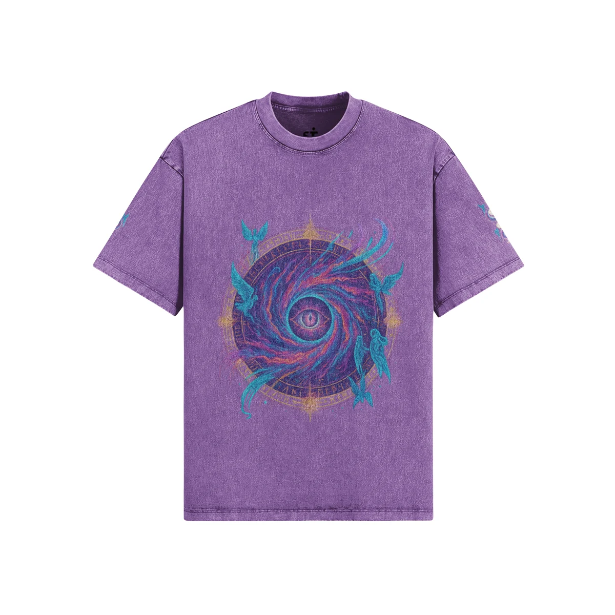 Seraph Coil oversized graphic tee front view in washed lavender with cosmic spiral DTG print