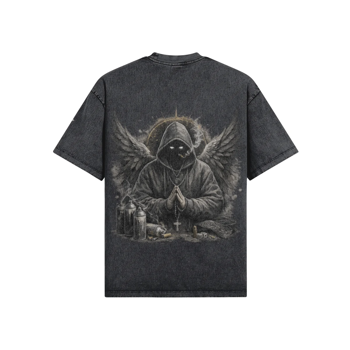 shadow prayer oversized graphic tee back view with large graphic print