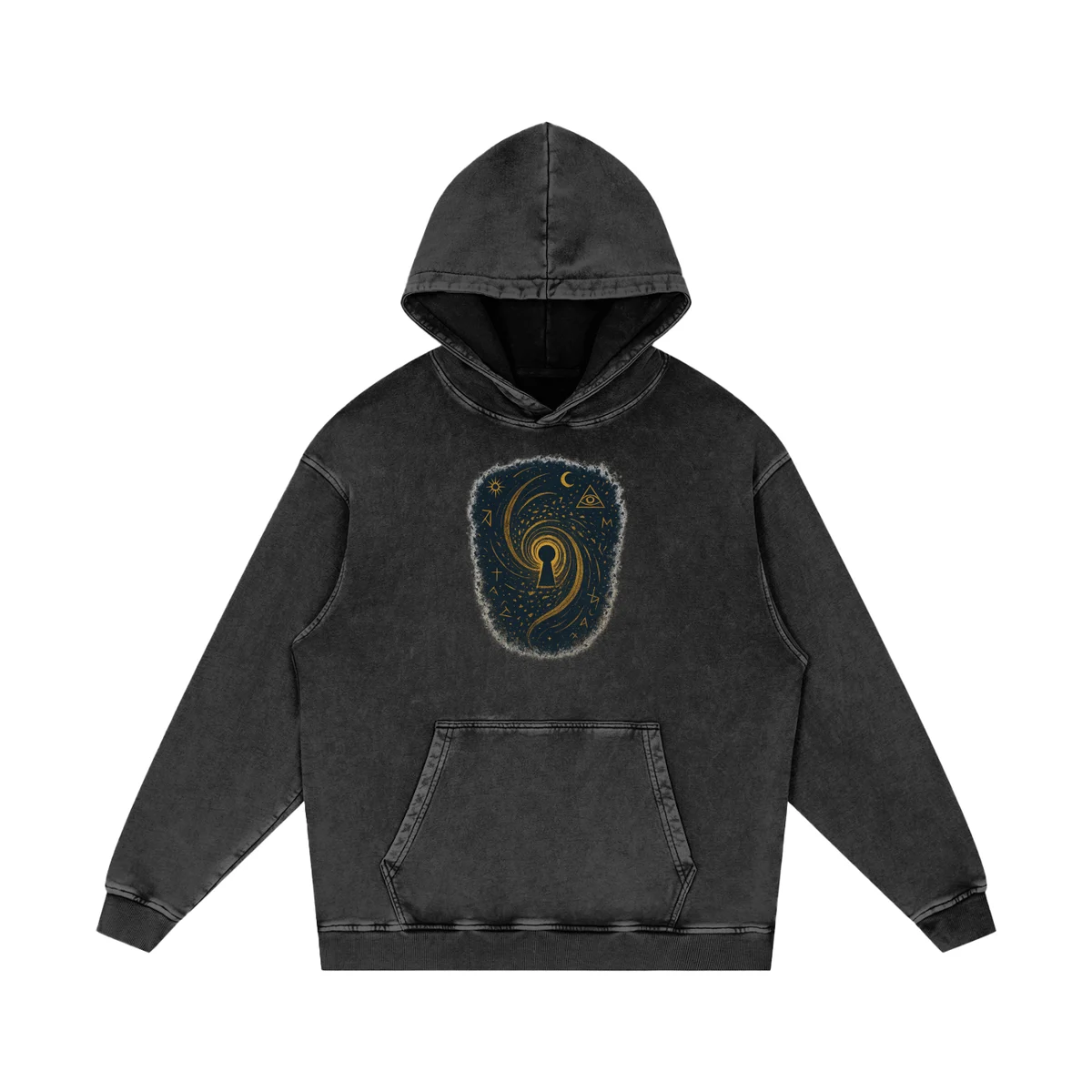 Snow Washed Oversized Graphic Hoodie front view in black with symbolic keyhole graphic print
