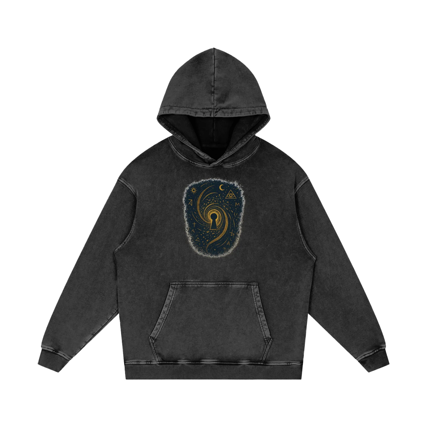Snow Washed Oversized Graphic Hoodie front view in black with symbolic keyhole graphic print