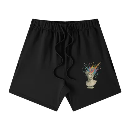 Black Solar Equilibrium cotton shorts front – mid waist loose fit with colorful bust graphic, streetwear summer style