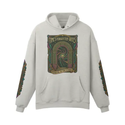VineSigil oversized graphic hoodie front view in gray with fantasy portal DTG print