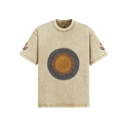 Vintage Beige oversized graphic tee front view in washed beige with circular DTG print