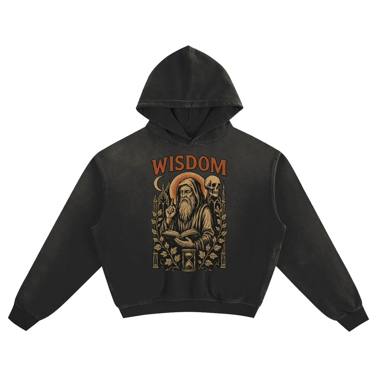 Wisdom Reaper Vintage Hoodie – Washed Black Cotton Streetwear Sweatshirt - AIDAN REN product image