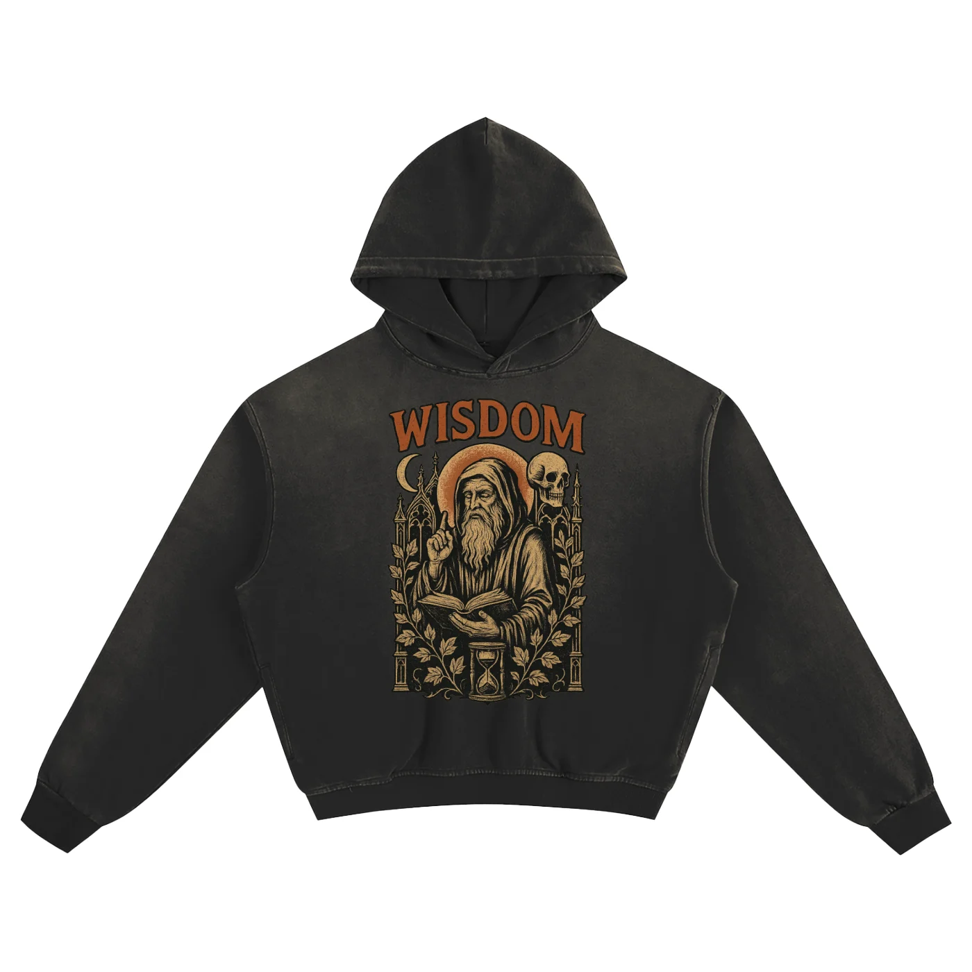 Wisdom Reaper Vintage Hoodie – Washed Black Cotton Streetwear Sweatshirt - AIDAN REN product image